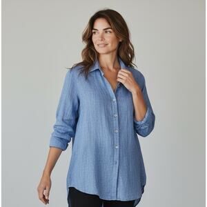 FLAX Linen Crossroads Button up Tunic Blouse Small Blue Long sleeve Lagenlook